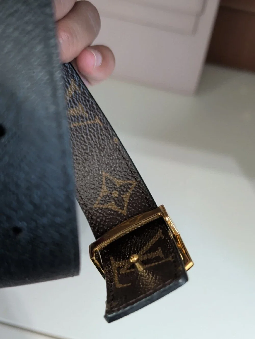Louis Vuitton Black Leather Reversible Belt with Gold LV Buckle